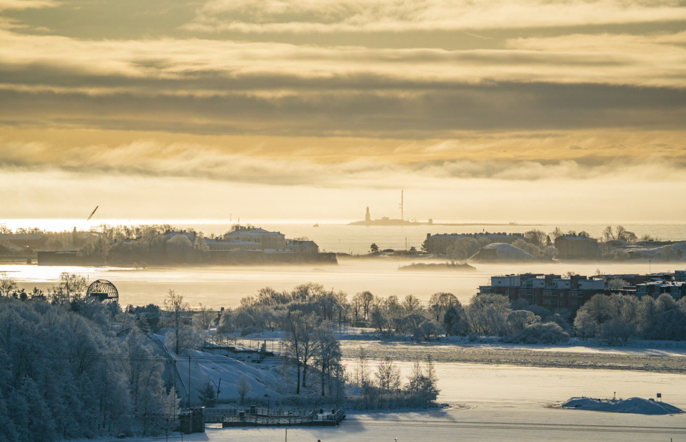 Talvinen maisemakuva ilmasta, kuvassa Korkeasaari